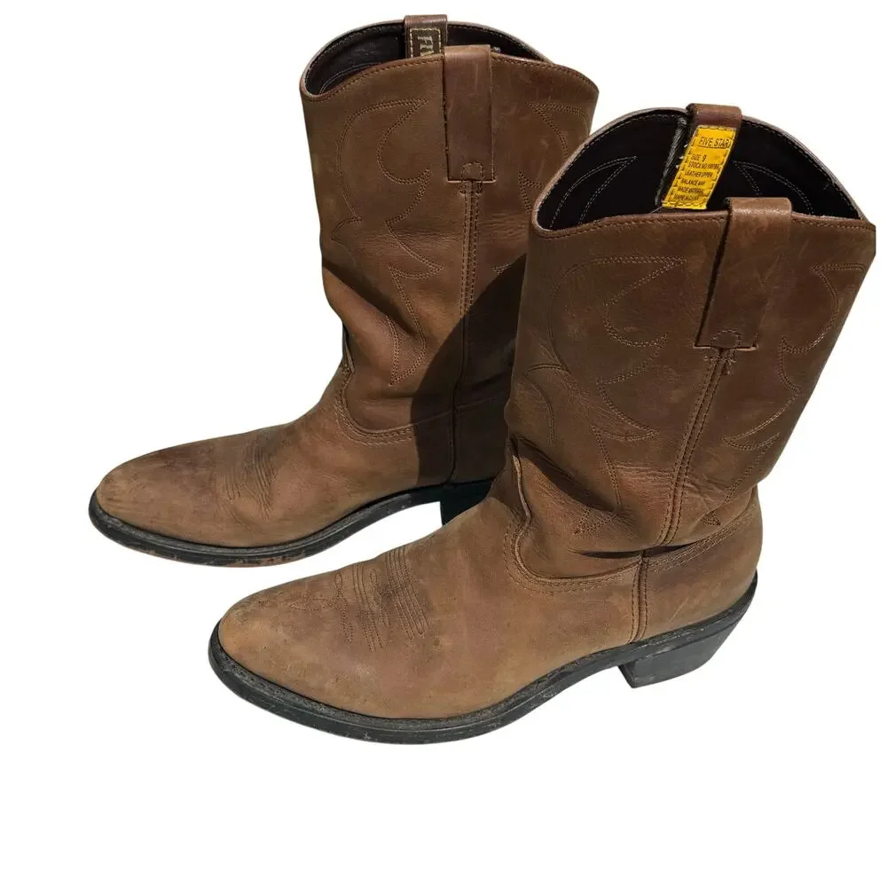Five Star Western Roper Boots Brown Leather Cowboy Boots Men’s Size 9